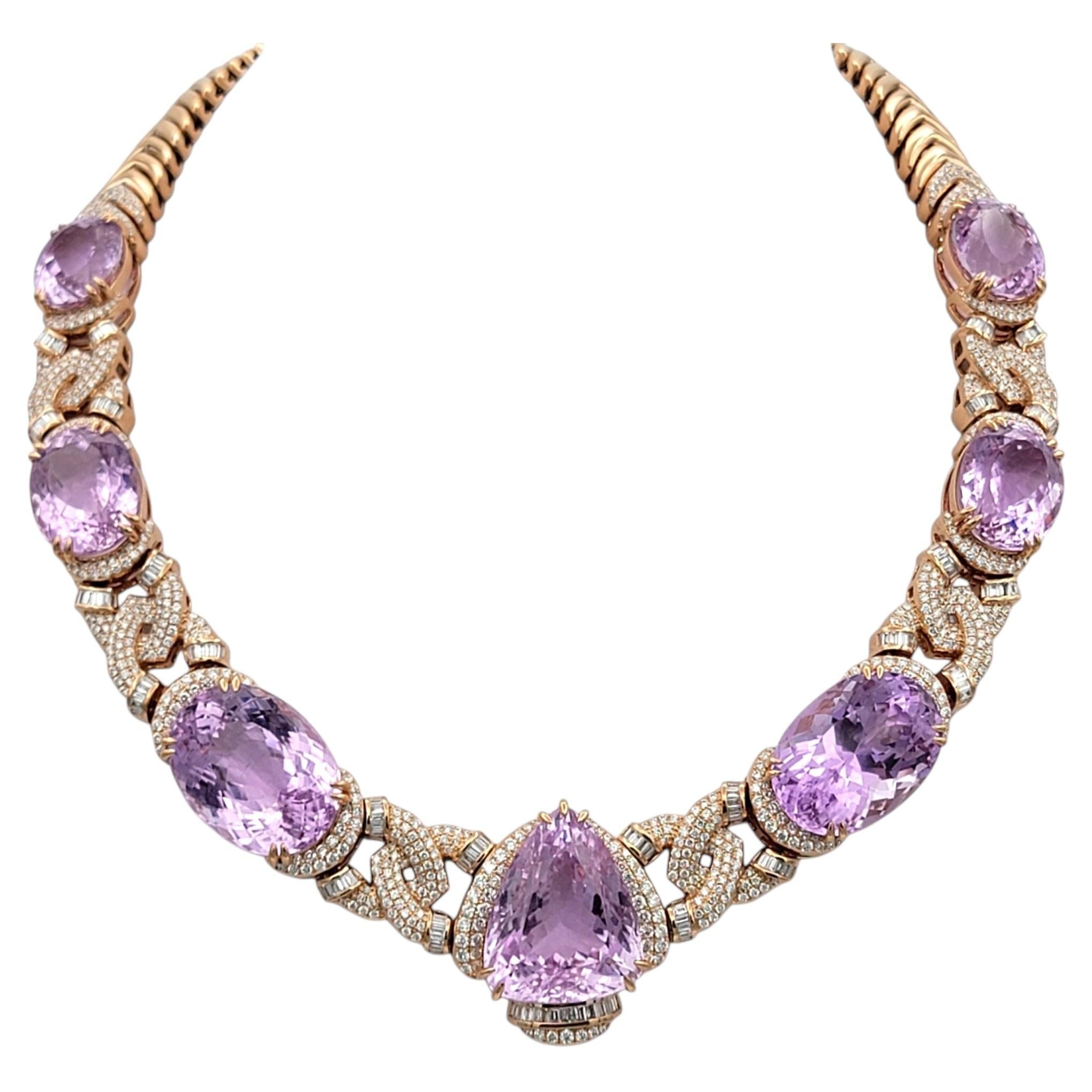 Collana di grande effetto con kunzite dal taglio misto e pavé di diamanti in oro rosa 14 carati
