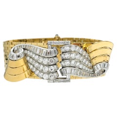 Vintage Woven Link Bracelet with Diamond Scroll Motif in 18 Karat Yellow Gold