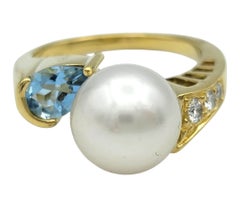 Freshwater Pearl, Blue Topaz and Diamond Band Ring in 18 Karat Yellow Gold