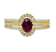 Oval Cut Ruby and Multi Row Pavé Diamond Band Ring in 18 Karat Yellow Gold