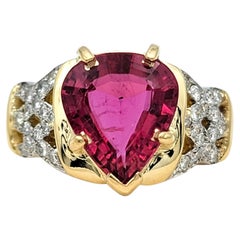 Pear Cut Pink Tourmaline & Pavé Diamond Lattice Band Ring in 18 Karat Gold