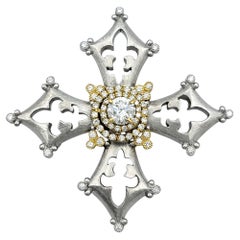 Fleur de Lis Cutout Cross Brooch with Diamonds in Two-Tone 18 Karat Gold