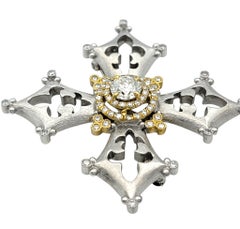 Fleur de Lis Cutout Cross Brooch with Diamonds in Two-Tone 18 Karat Gold