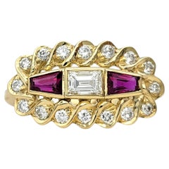 Tapered Baguette Ruby & Diamond Scalloped Edge Band Ring in 14 Karat Yellow Gold