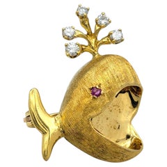 Vintage Spouting Whale Brooch with Ruby and Diamonds in 18 Karat Yellow Gold