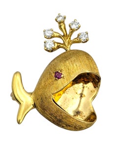 Vintage Spouting Whale Brooch with Ruby and Diamonds in 18 Karat Yellow Gold