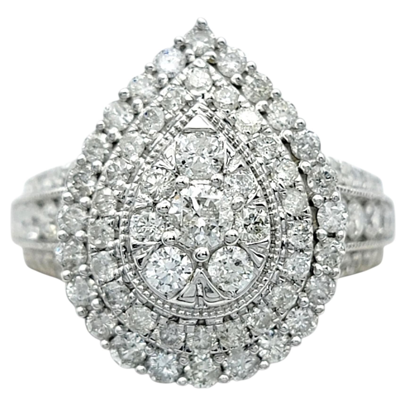 Pear Shaped Round Diamond Double Halo Cluster Ring in 10 Karat White Gold For Sale