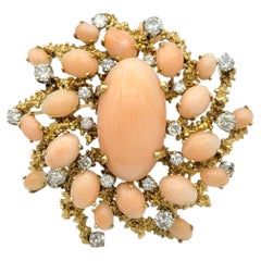 Vintage Pink Coral and Diamond Cluster Brooch in 14 Karat Yellow Gold