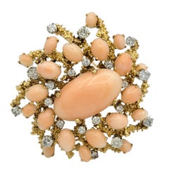 Vintage Pink Coral and Diamond Cluster Brooch in 14 Karat Yellow Gold