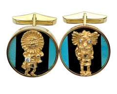 Turquoise, Onyx and Diamond Kachina Motif Cufflinks in 18 Karat Yellow Gold