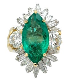 3.70 Carat Marquise Cut Natural Emerald Ring with Multi Cut Diamonds in 14K Gold