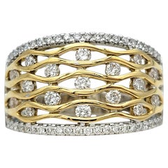 Wavy Multi Row Wide Band Ring with Diamonds in Two Tone 18 Karat Gold