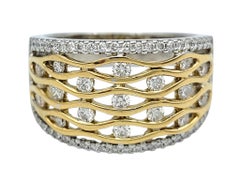 Wavy Multi Row Wide Band Ring with Diamonds in Two Tone 18 Karat Gold
