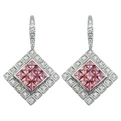 Princess Cut Pink Sapphire and Diamond Halo Drop Earrings in 18 Karat White Gold