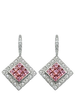Princess Cut Pink Sapphire and Diamond Halo Drop Earrings in 18 Karat White Gold
