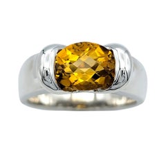 East West Oval Checkered Citrine Band Ring with Diamonds in 14 Karat White Gold