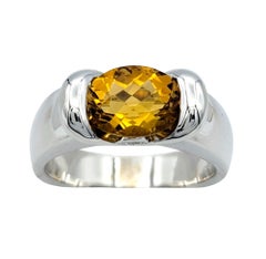 East West Oval Checkered Citrine Band Ring with Diamonds in 14 Karat White Gold