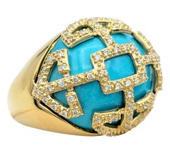 Cabochon Turquoise and Pavé Diamond Geometric Domed Cocktail Ring 14 Karat Gold
