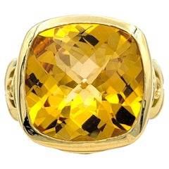 8.76 Carat Cushion Checkered Cut Citrine Cocktail Ring with Diamonds in 18K Gold