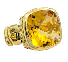 8.76 Carat Cushion Checkered Cut Citrine Cocktail Ring with Diamonds in 18K Gold