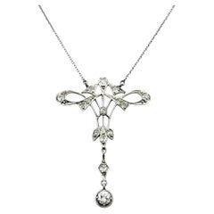 Vintage Old European Cut Diamond Milgrain Lavalier Pendant Necklace in Platinum