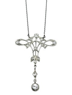 Vintage Old European Cut Diamond Milgrain Lavalier Pendant Necklace in Platinum