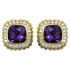 Square Cushion Cut Amethyst Earrings with Diamond Halo in 18 Karat Yellow Gold