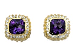 Square Cushion Cut Amethyst Earrings with Diamond Halo in 18 Karat Yellow Gold