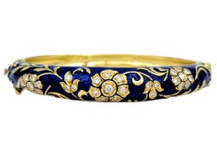 Diamond Flower Motif Bangle Bracelet with Blue Enamel in 18 Karat Yellow Gold