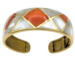 Coral and Mother of Pearl Custom Inlay Cuff Bracelet in 18 Karat Yellow Gold