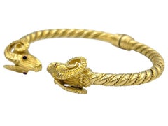 Carved Ram's Head & Ruby Eye Hinged Cable Cuff Bracelet in 18 Karat Yellow Gold