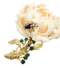 Mid-Century Modern Carved Pink Coral, Lapis Lazuli & Jadeite Flower Brooch 14K