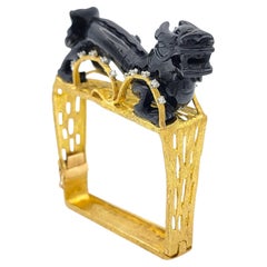 Carved Onyx Dragon Squared Bangle Bracelet with Diamonds in 18 Karat Yellow Gold