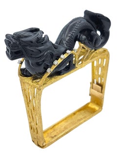 Carved Onyx Dragon Squared Bangle Bracelet with Diamonds in 18 Karat Yellow Gold