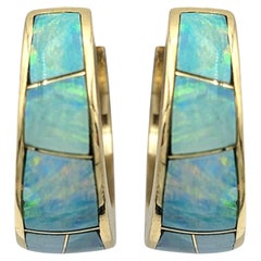 Geometric Opal Inlay Design Huggie Hoop Earrings in 14 Karat Yellow Gold