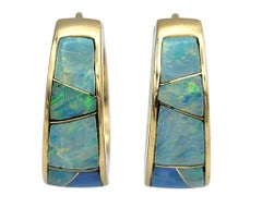 Geometric Opal Inlay Design Huggie Hoop Earrings in 14 Karat Yellow Gold