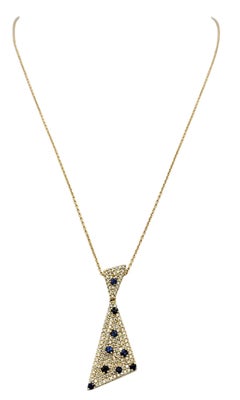 Sonia B Pavé Diamond & Blue Sapphire Drop Pendant Necklace 14 Karat Yellow Gold