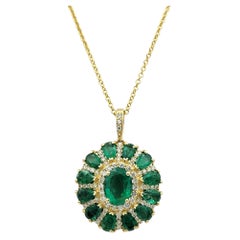 Effy Emerald and Diamond Oval Cluster Pendant Necklace in 14 Karat Yellow Gold