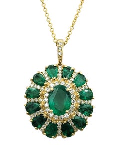 Effy Emerald and Diamond Oval Cluster Pendant Necklace in 14 Karat Yellow Gold