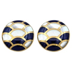Mother of Pearl and Blue Lapis Scalloped Clip On Disc Earrings 14 Karat Gold