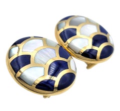 Mother of Pearl and Blue Lapis Scalloped Clip On Disc Earrings 14 Karat Gold