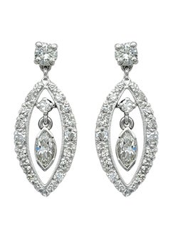 Marquise Shaped Diamond Pendulum Drop Earrings in 14 Karat White Gold