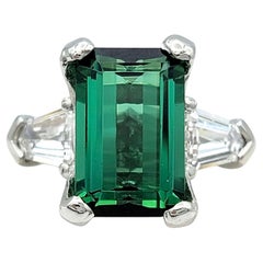Emerald Cut Tourmaline and Shield Cut Diamond Three Stone Ring in Platinum