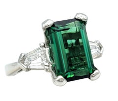 Emerald Cut Tourmaline and Shield Cut Diamond Three Stone Ring in Platinum