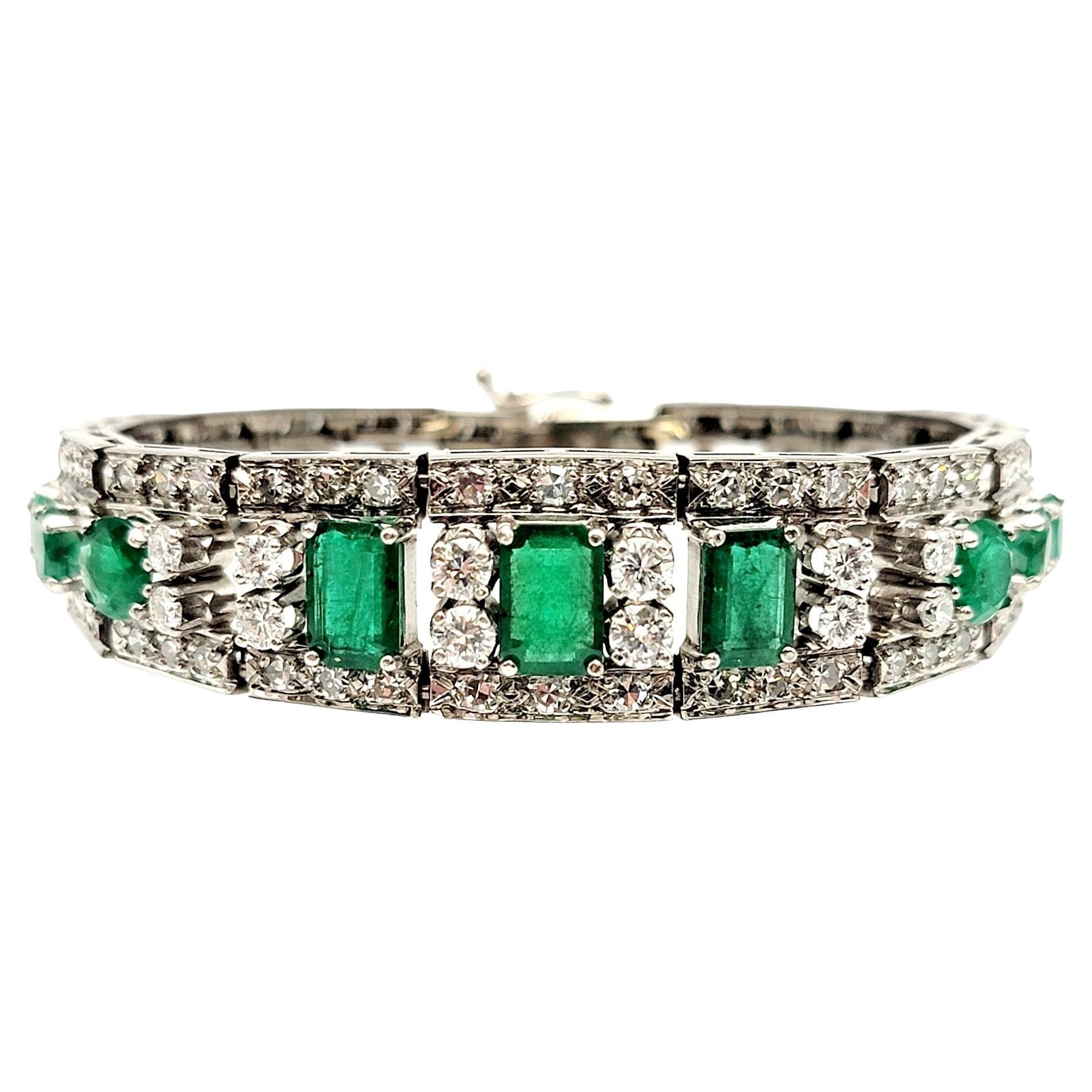 Vintage 10.40 CTW Emerald and Diamond Hinged Cuff 18 Karat White Gold Bracelet 