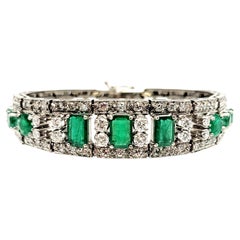 Vintage Emerald and Diamond Tapered Hinged Cuff Bracelet in 18 Karat White Gold