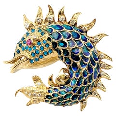 Ornate Scaled 14 Karat Yellow Gold Fish Brooch with Diamonds, Ruby and Enamel 