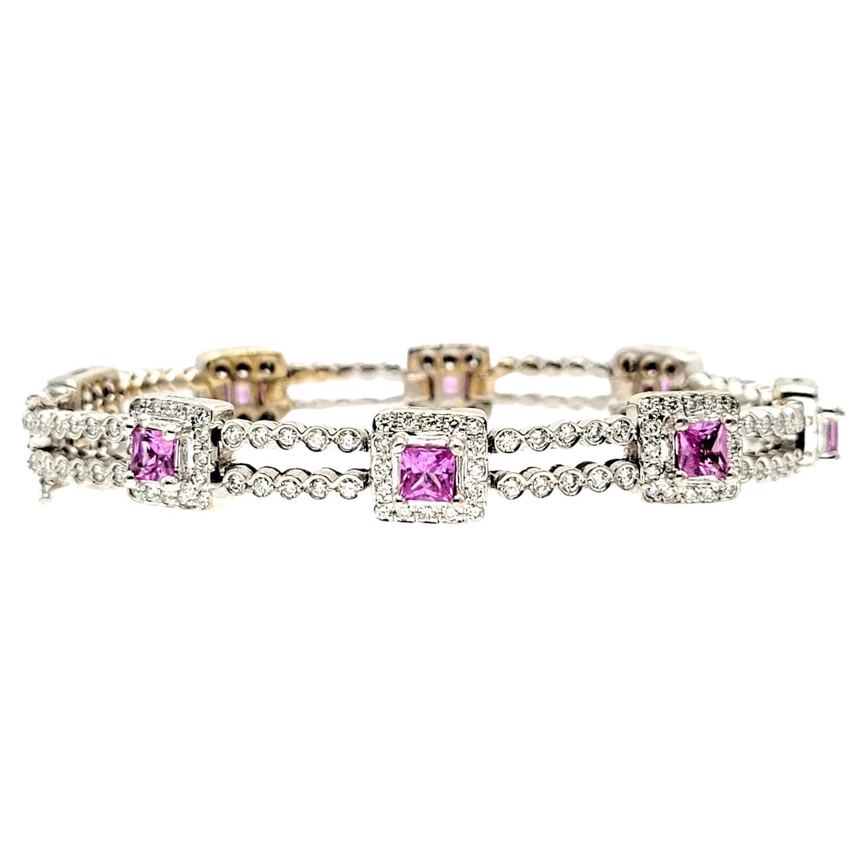 Diamond Line Bracelet with Princess Pink Sapphire Stations 18 Karat White Gold For Sale