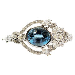 Vintage Oval Blue Topaz and Mixed Cut Diamond Hinged Bangle Cuff Bracelet