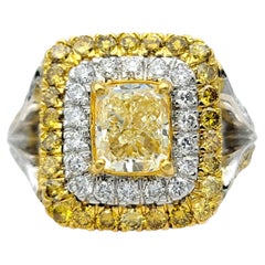 Cushion Cut Fancy Yellow & White Diamond Double Halo Ring Two Tone 18 Karat Gold